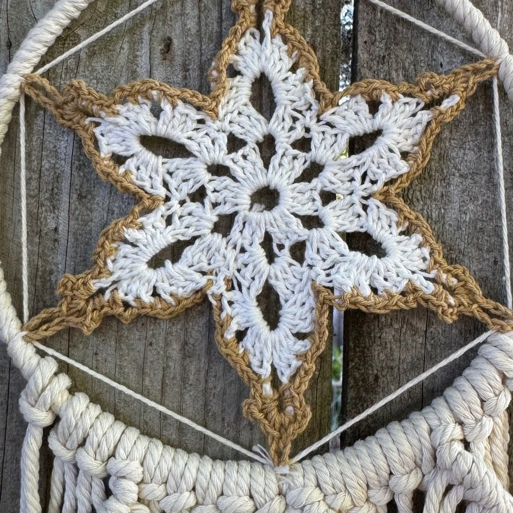 Boho Macrame Wall Hanging Crochet Star Heart Fringe Cream Tan Dreamcatcher Style